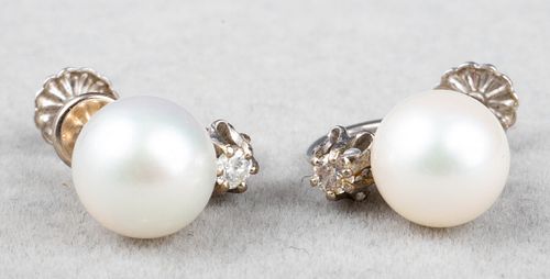 Vintage 14K White Gold Pearl & Diamond Earrings