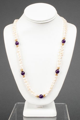 14K Yellow Gold Pearl & Amethyst Beaded Necklace