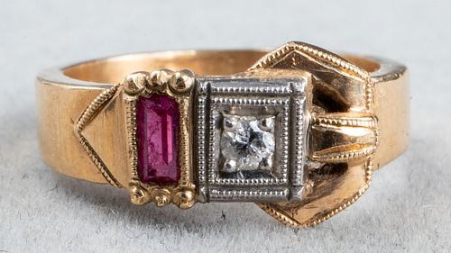 Edwardian 14K Gold, Diamond & Ruby Buckle Ring