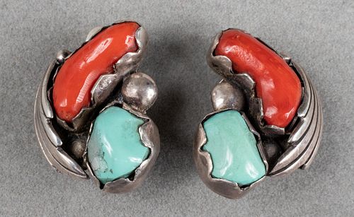 Navajo Silver Turquoise & Coral Clip Earrings