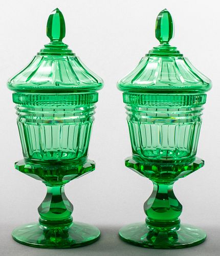 Green Cut Crystal Covered Jars, 19th C.