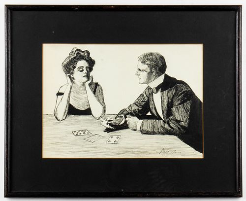 M. T. Cleaver Signed "The Card Game" Ink Drawing