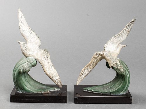 Art Deco Seagull Polychrome Cast Metal Bookends Pr