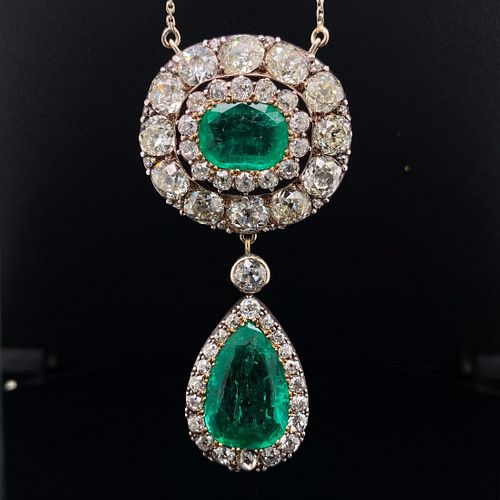 Victorian 18k & Platinum Colombian Emerald Diamond PendantÂ 