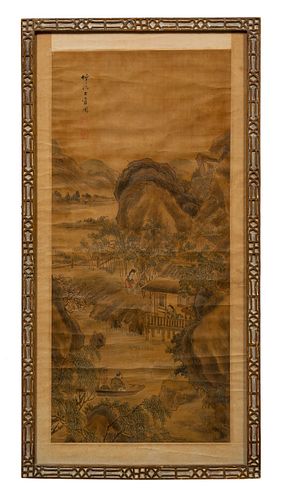 ASIAN SCROLL PAINTING, CHINESE CHIPPENDALE FRAME