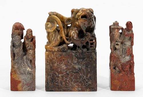 GROUP, THREE CHINESE SOAPSTONE CHOPS/SEALS