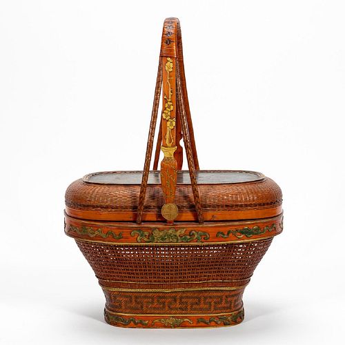 CARVED AND WOVEN CHINESE HANDLED BASKET WITH LID