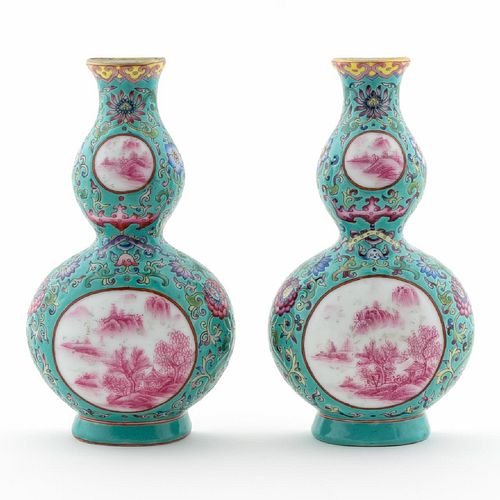 PAIR, CHINESE FAMILLE ROSE LANDSCAPE WALL POCKETS