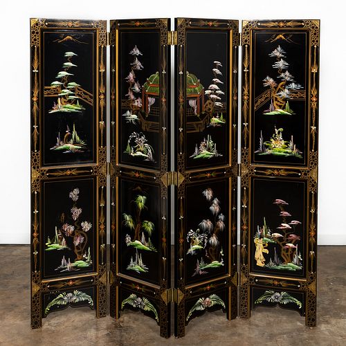CHINESE BLACK LACQUERED FOUR PANEL FLOOR SCREEN