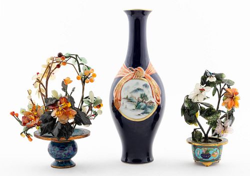 3PC CHINESE GROUP, ONE VASE & TWO JADE FLOWERS