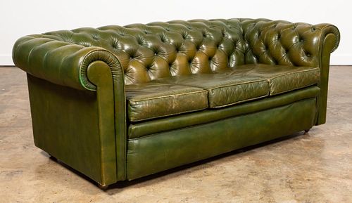 GREEN LEATHER CHESTERFIELD THREE-SEATER SOFA
