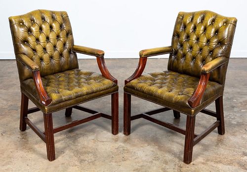 PAIR, GREEN TUFTED LEATHER GAINSBOROUGH ARMCHAIRS