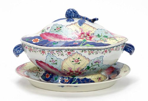TWO PC CHINESE EXPORT "TOBACCO LEAF" TUREEN & TRAY