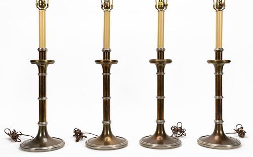 SET, FOUR CHAPMAN BRASS AND CHROME LAMPS