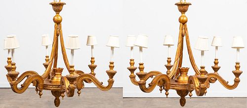 PAIR, LARGE BAROQUE STYLE GILT CHANDELIERS