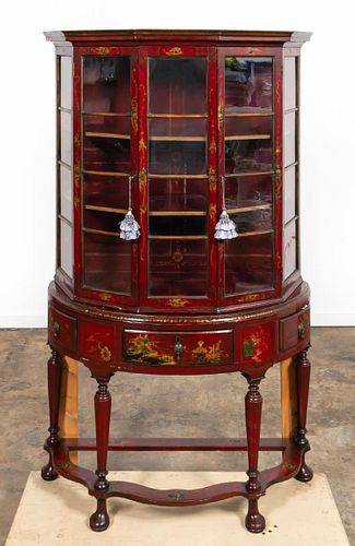 CONTINENTAL RED JAPANNED FIVE SIDED VITRINE