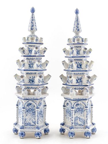 PAIR, DELFT STYLE FOUR-TIER FAIENCE TULIPIERES