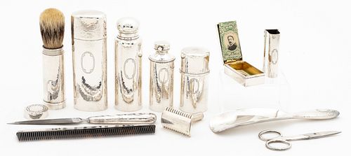 TIFFANY STERLING SILVER TOILETRY SET, LEATHER CASE