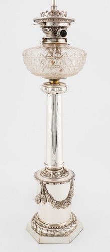 19TH C. SHEFFIELD SILVERPLATED CONVERTED OIL LAMP