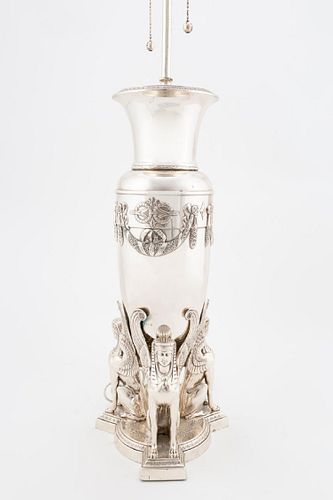 19TH C. SILVERPLATED BRONZE EGYPTIAN REVIVAL LAMP