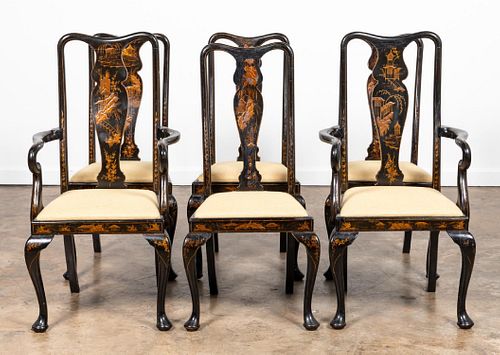 6 QUEEN ANNE STYLE BLACK CHINOISERIE DINING CHAIRS