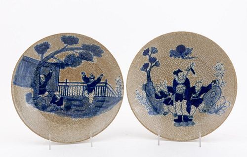 PAIR, CHINESE CRACKLE PLATES W/ BLUE FIGURAL MOTIF