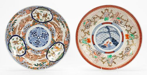 TWO ASIAN LARGE IMARI DECORATED PORCELAIN CHARGERS