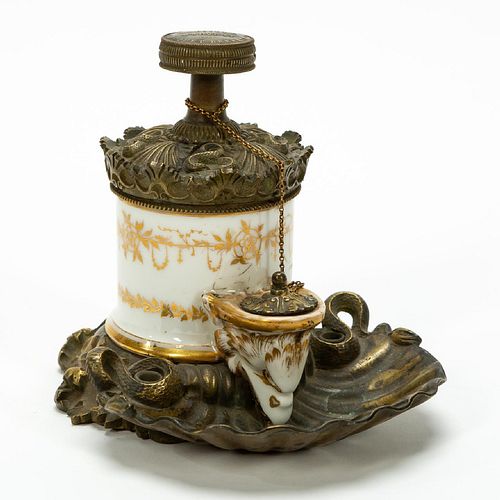 19TH C. FRENCH BRONZE & PORCELAIN PUMP INKWELL