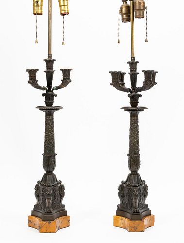 PAIR, 20TH C. FRENCH BRONZE & SIENNA MARBLE LAMPS