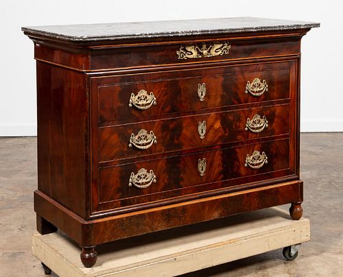 FRENCH BLACK MARBLE & FLAME MAHOGANY COMMODE