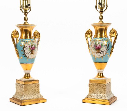 PAIR, OLD PARIS PORCELAIN TABLE LAMPS WITH SHADES