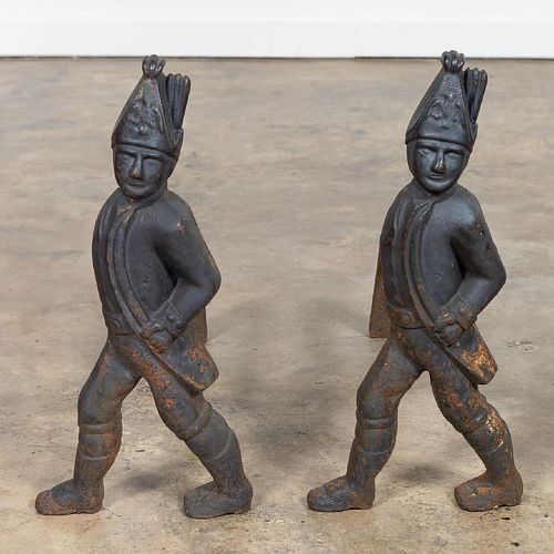 PAIR, CAST IRON HESSIAN SOLDIER ANDIRONS
