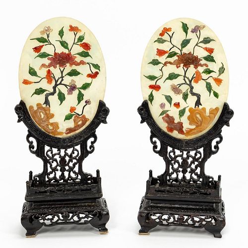 PAIR, CHINESE JADE OVAL SCREENS IN WOOD STANDS
