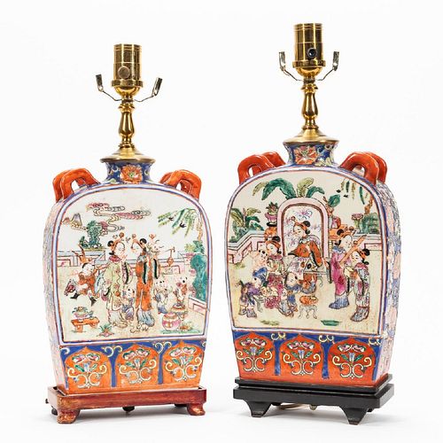 PAIR, CHINESE PORCELAIN TABLE LAMPS FIGURAL SCENE