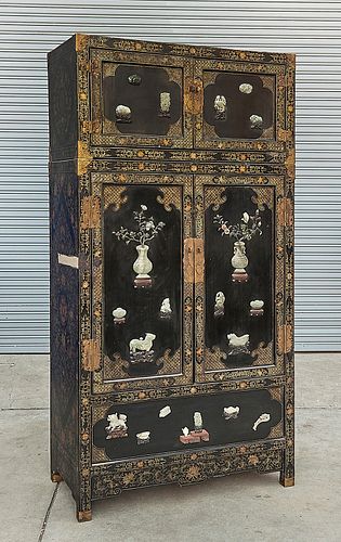 Tall Chinese Painted Hard Wood and Hardstone Cabinet