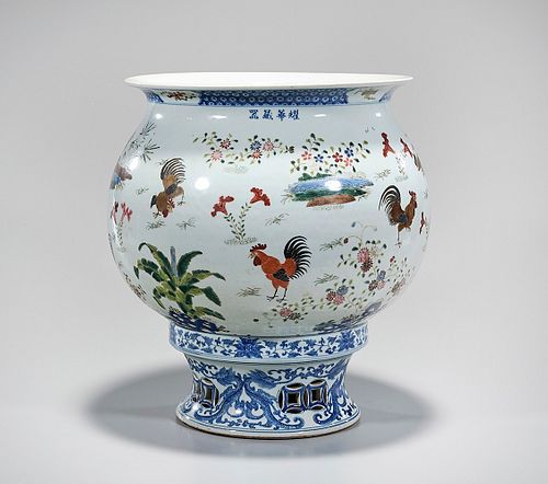Chinese Blue and White and Enameled Porcelain Jardiniere