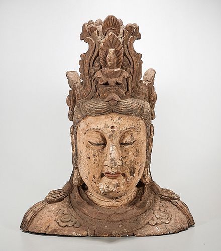 Chinese Carved Wood Head of Guanyin