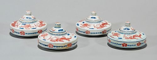 Group of Four Chinese Red, Blue and White Porcelain Water Pots