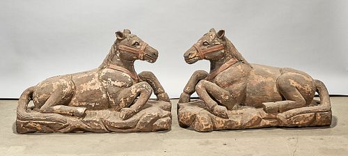 Pair Chinese Carved Wood Horses
