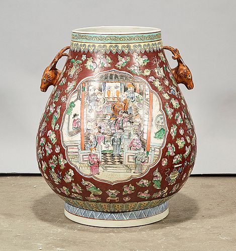 Chinese Enameled Porcelain Deer Handled Zun Vase