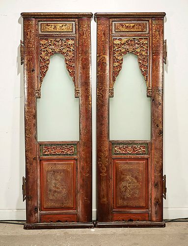 Pair Chinese Painted Wood and Glass Doors
