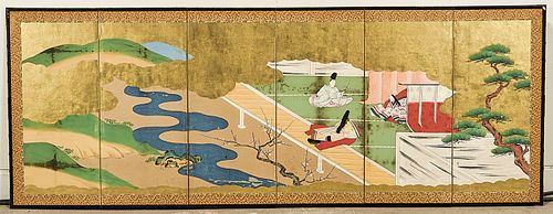 Antique Japanese Six-Panel Painted Paper Screen