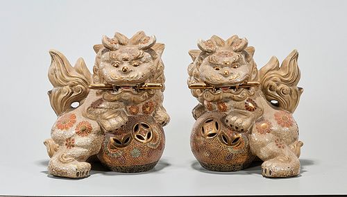 Pair Chinese Enameled Porcelain Fo Lions