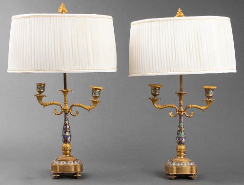 French Gilt And Cloisonné Candelabra Lamps, Pr