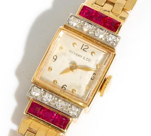 14K Gold Tiffany Diamond and Ruby Art Deco Ladies Watch