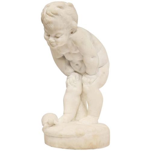 Benoit Rougelet, F. Barbedienne, A White Marble Sculpture of a Putti and Turtle