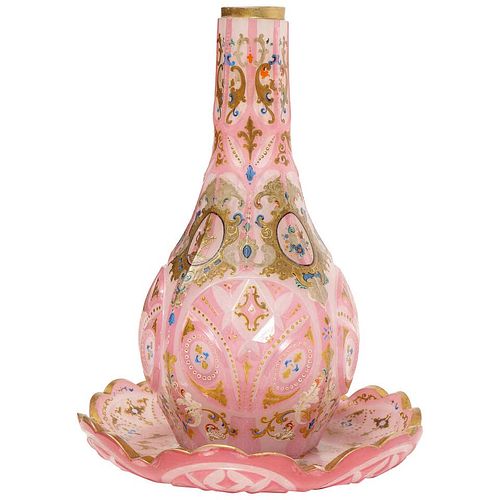 Exceptional Quality Pink Triple Overlay Enameled Bohemian Glass Hookah and Plate