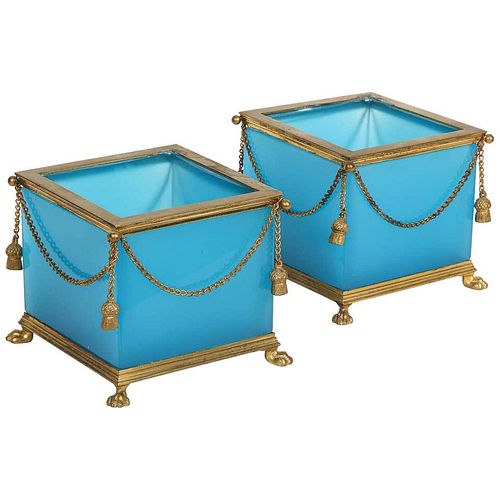 Exquisite Pair of French Ormolu Mounted Turquoise Blue Opaline Glass Jardinieres