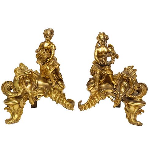 Pair of French Louis XV Style Gilt Bronze Ormolu Chenets, circa 1880