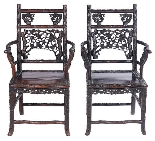 Pr. Chinese Hardwood Hand Carved Chairs